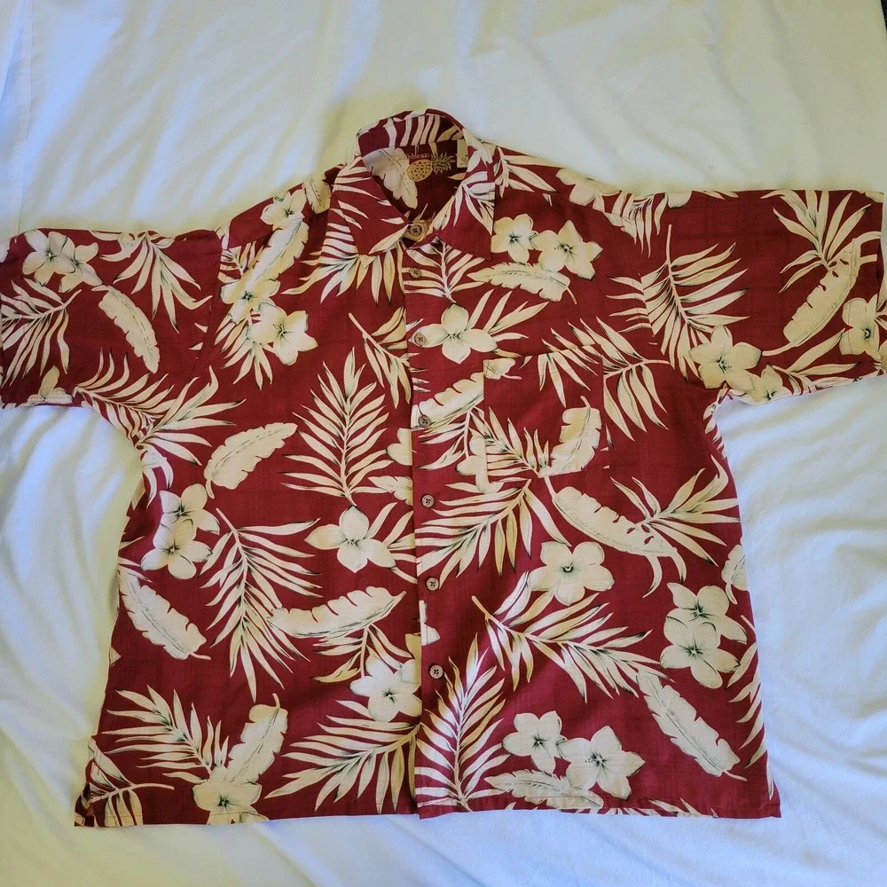 Caribbean XL Silk Hawaiian Shirt Red Floral Button Up